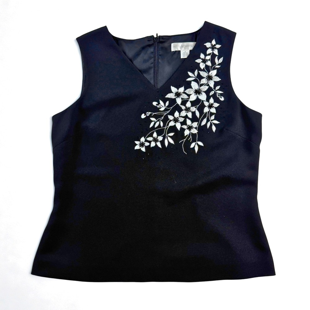 Vtg Petite Sophisticate Floral Beaded Tank Top‎ Womens 10 Black Embroidered Chic